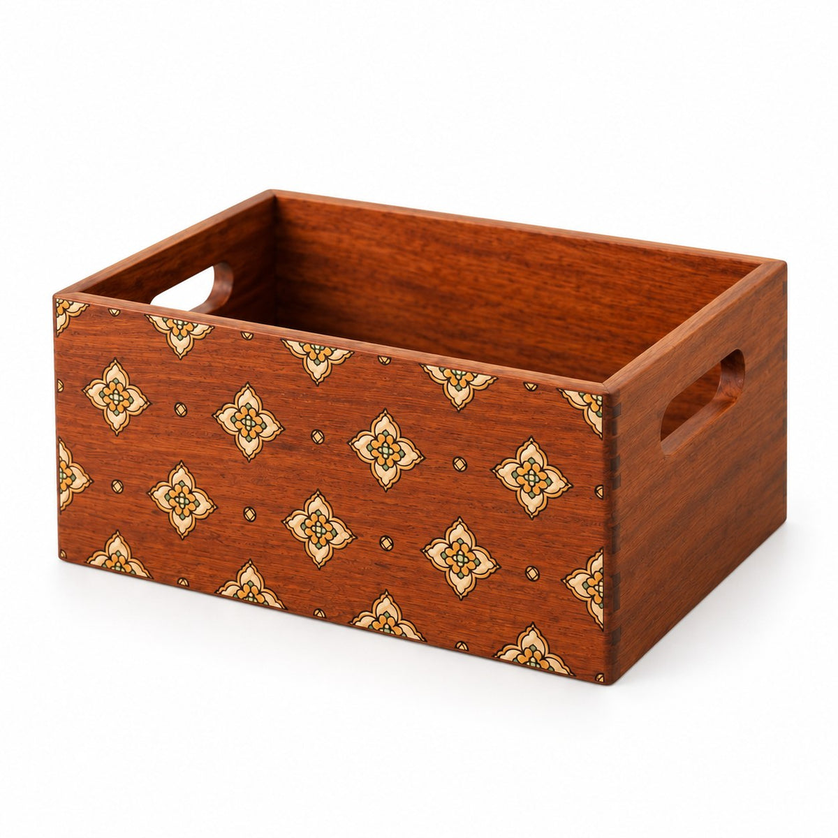 Cosmeta Wooden Vanity Organiser in Burmese Padauk / Small, open with empty compartments, studio view on white #Wood_Burmese Padauk|Size_Small