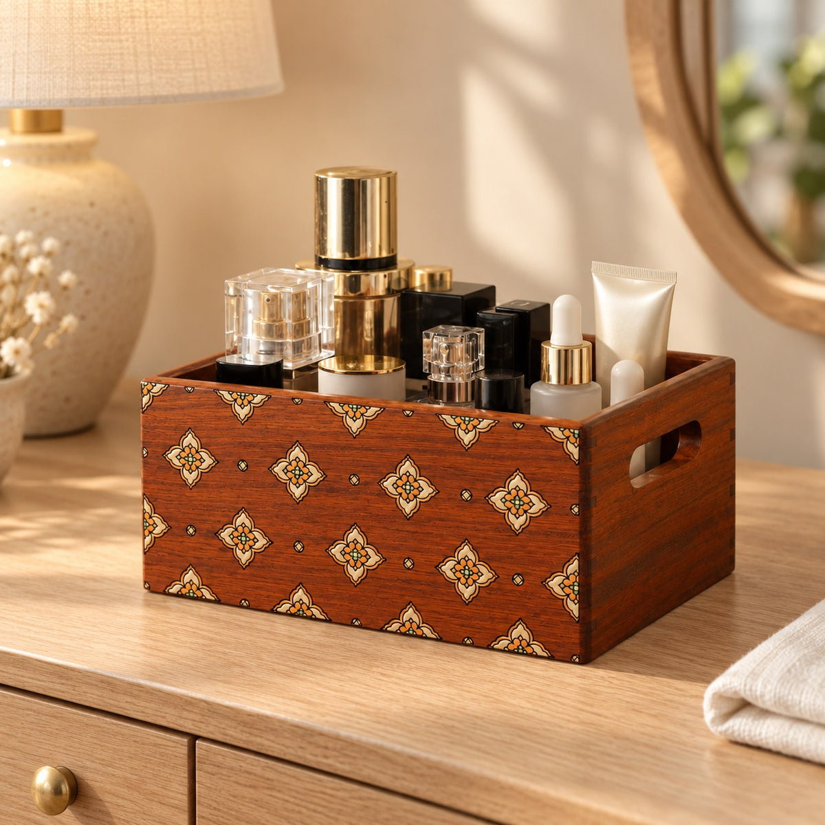 Cosmeta Wooden Vanity Organiser in Burmese Padauk / Small, on a sideboard in natural light #Wood_Burmese Padauk|Size_Small