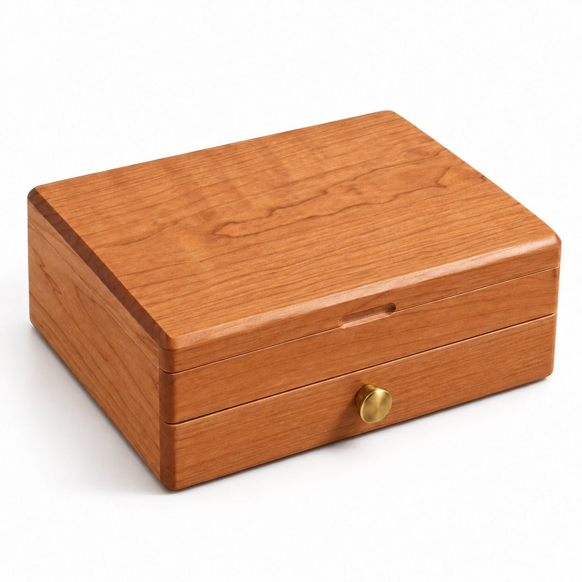 Cygna Two-Tier Jewellery Box in Cherry / Solid Wood Lid, closed, studio view on white #Wood_Cherry