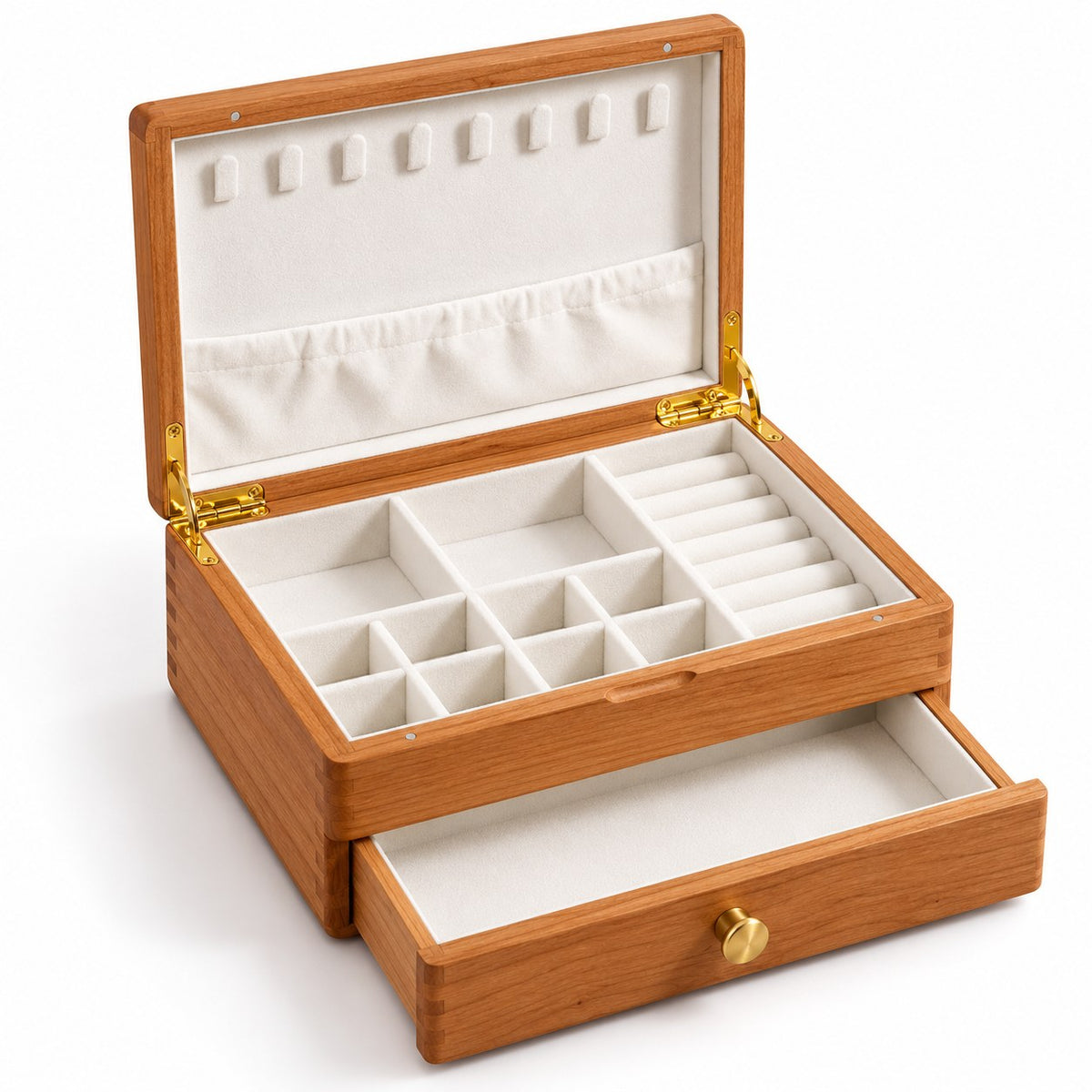 Cygna Two-Tier Jewellery Box in Cherry / Solid Wood Lid, open with empty compartments, studio view on white #Wood_Cherry