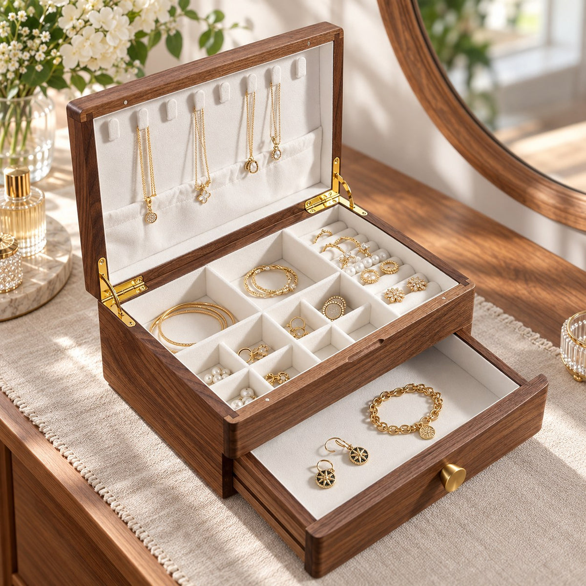 Cygna Two-Tier Jewellery Box in Walnut / Solid Wood Lid, on a dressing table #Wood_Walnut