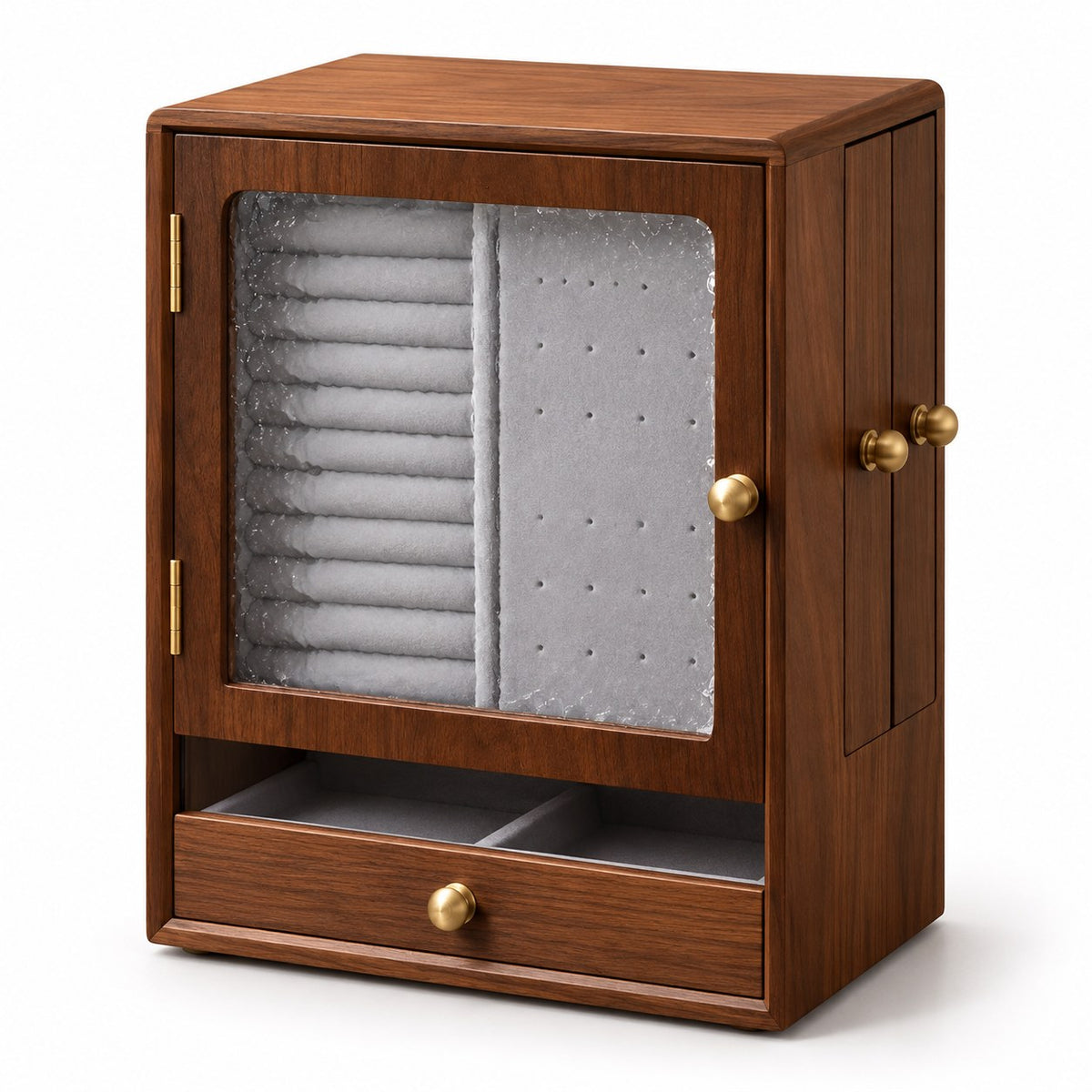 Fenestra Glass-Front Jewellery Cabinet in Walnut, closed, studio view on white