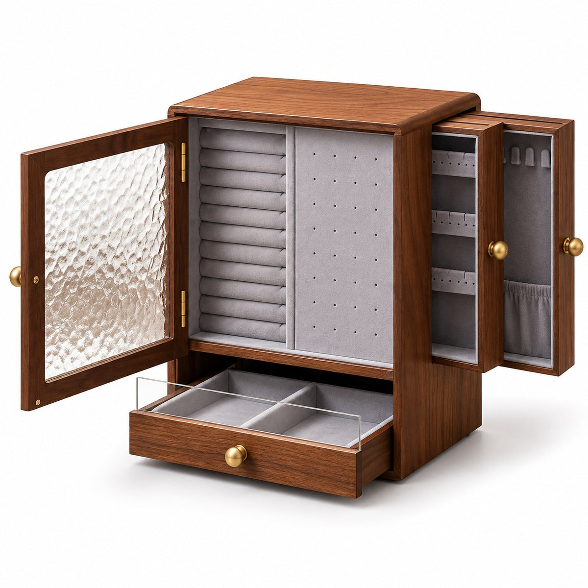 Fenestra Glass-Front Jewellery Cabinet in Walnut, open with empty compartments, studio view on white