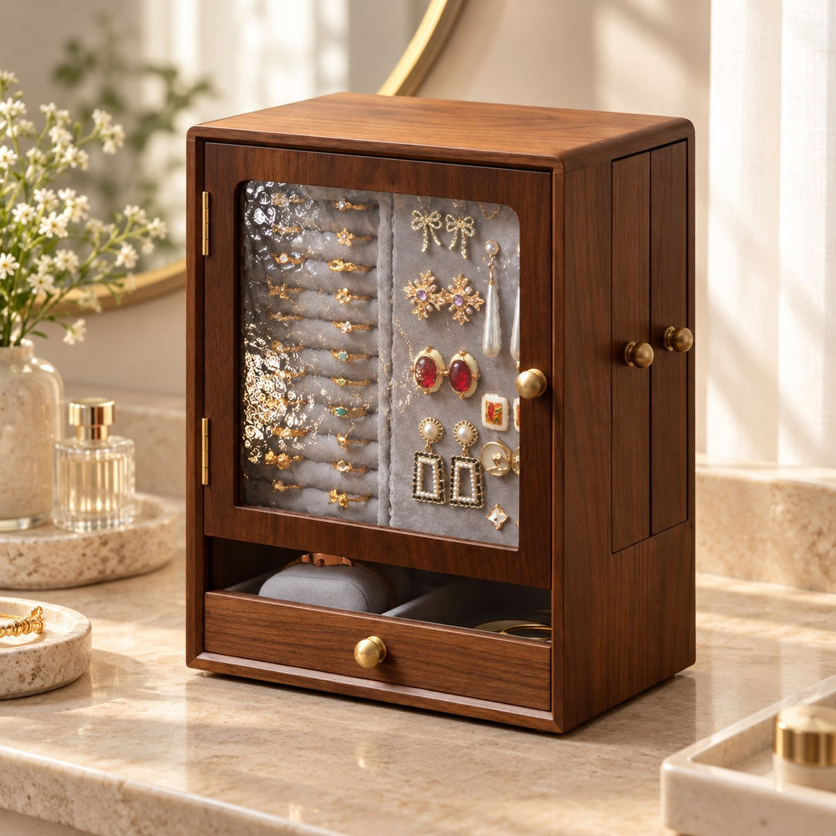 Fenestra Glass-Front Jewellery Cabinet in Walnut, on a dressing table