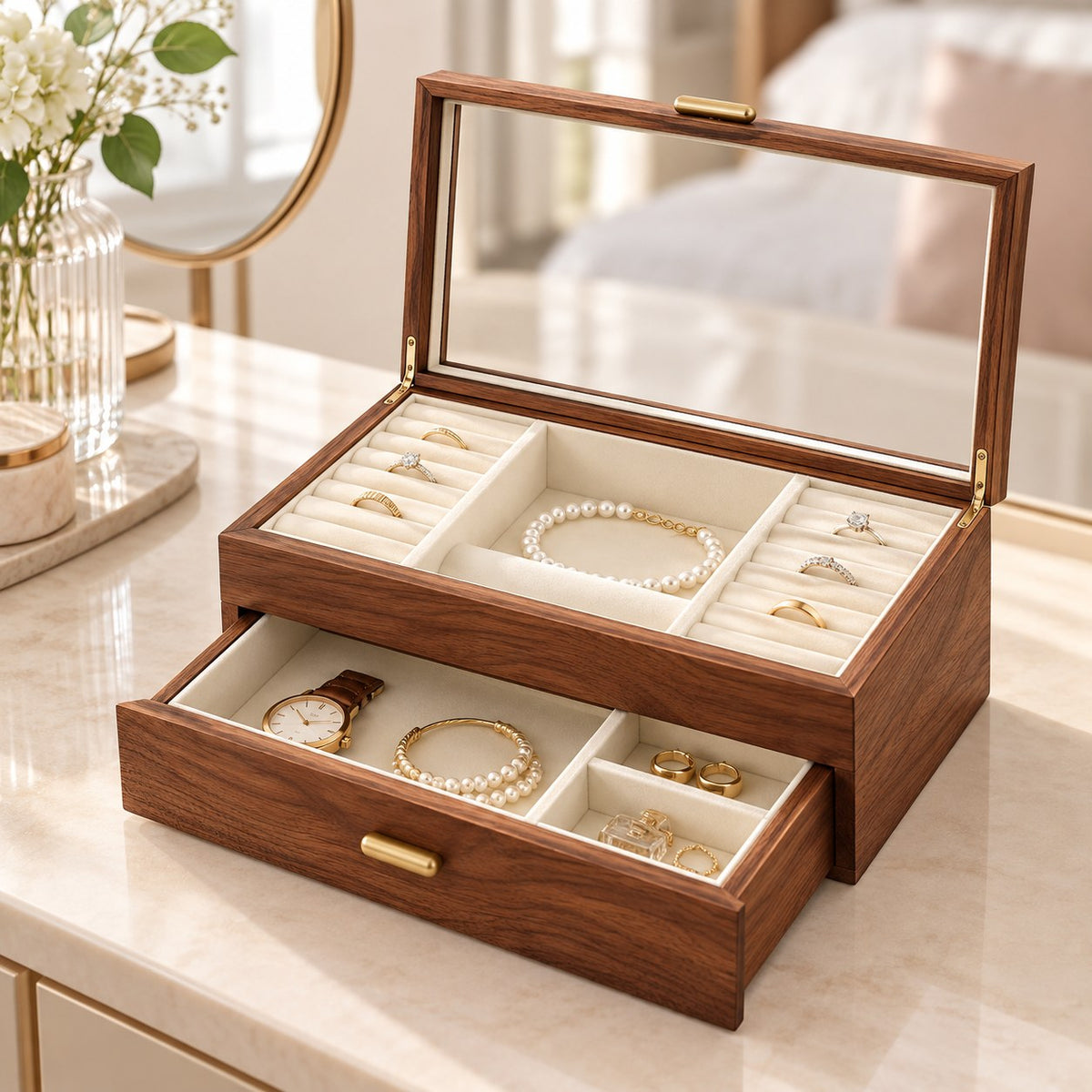 Gemina Two-Layer Jewellery Box in Glass Lid Style / Two Layers / Large, on a dressing table #Style_Glass Lid Style|Layer_Two Layers|Size_Large
