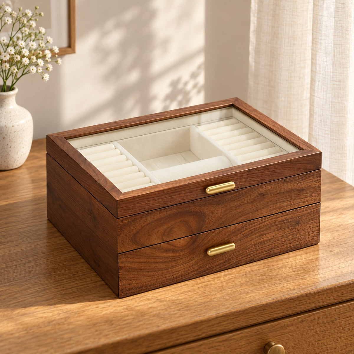 Gemina Two-Layer Jewellery Box in Glass Lid Style / Two Layers / Large, on a sideboard in natural light #Style_Glass Lid Style|Layer_Two Layers|Size_Large