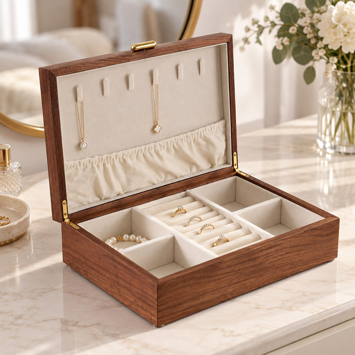 Gemina Two-Layer Jewellery Box in Wooden Lid Style / Single Layer / Large, on a dressing table #Style_Wooden Lid Style|Layer_Single Layer|Size_Large