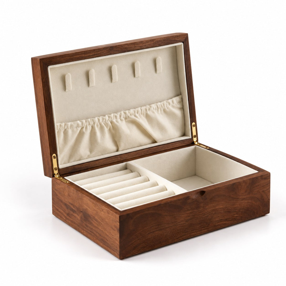 Gemina Two-Layer Jewellery Box in Wooden Lid Style / Single Layer / Small, open with empty compartments, studio view on white #Style_Wooden Lid Style|Layer_Single Layer|Size_Small