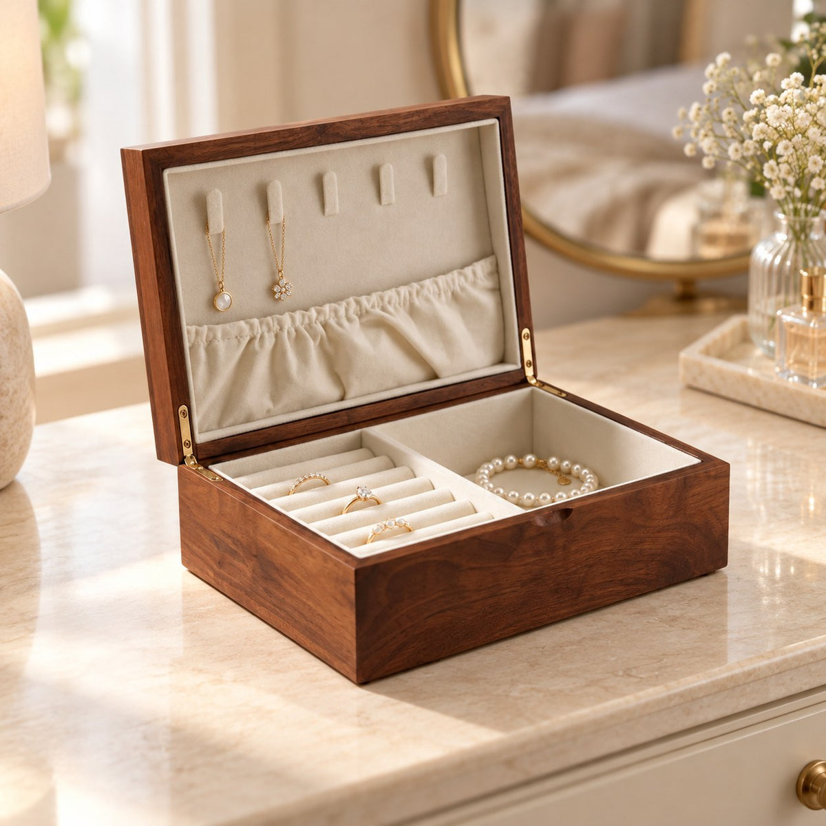 Gemina Two-Layer Jewellery Box in Wooden Lid Style / Single Layer / Small, on a dressing table #Style_Wooden Lid Style|Layer_Single Layer|Size_Small