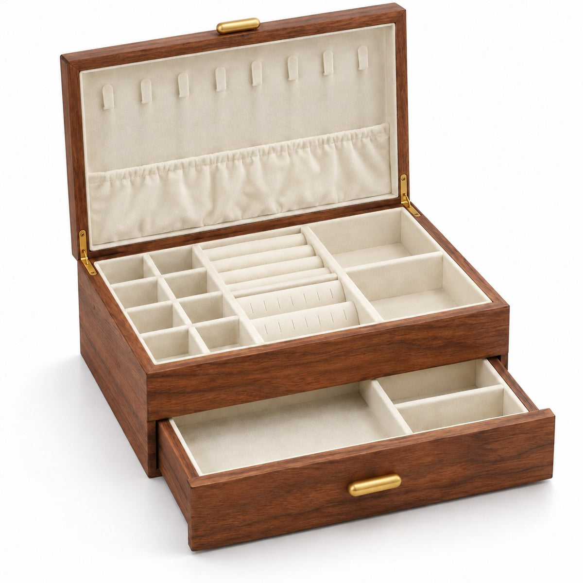 Gemina Two-Layer Jewellery Box in Wooden Lid Style / Two Layers / Large, open with empty compartments, studio view on white #Style_Wooden Lid Style|Layer_Two Layers|Size_Large