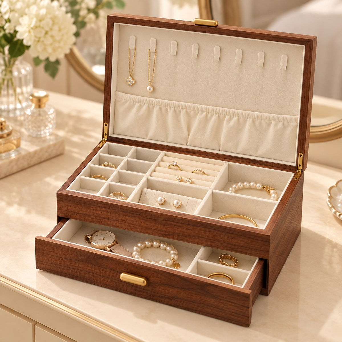 Gemina Two-Layer Jewellery Box in Wooden Lid Style / Two Layers / Large, on a dressing table #Style_Wooden Lid Style|Layer_Two Layers|Size_Large