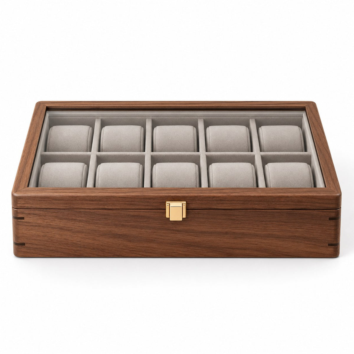 Horae Walnut Watch Box in 10-Slots / Firm Pillow, closed, studio view on white #Style_10-Slots / Firm Pillow