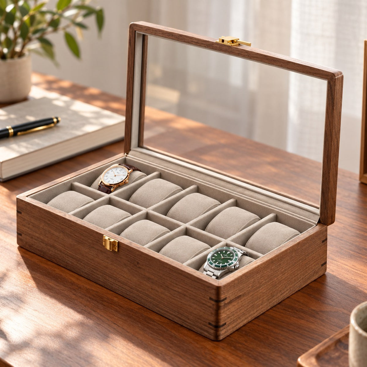 Horae Walnut Watch Box in 10-Slots / Firm Pillow, on a desk #Style_10-Slots / Firm Pillow