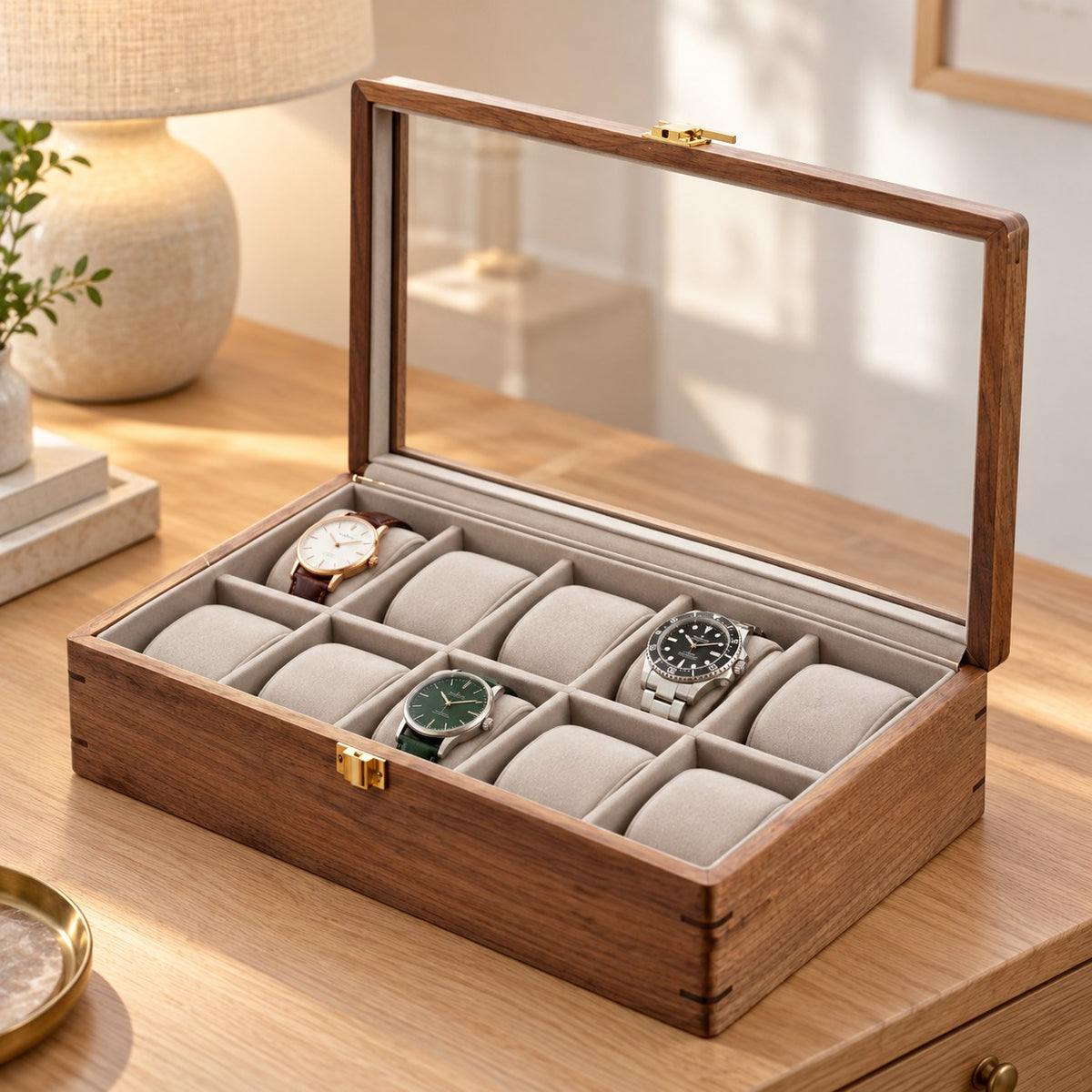 Horae Walnut Watch Box in 10-Slots / Firm Pillow, on a bedroom dresser #Style_10-Slots / Firm Pillow