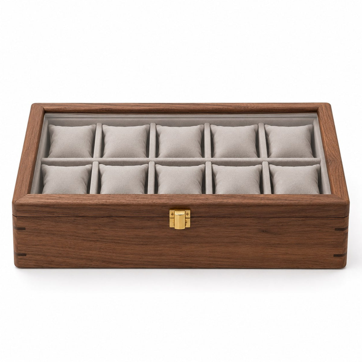 Horae Walnut Watch Box in 10-Slots / Soft Pillow, closed, studio view on white #Style_10-Slots / Soft Pillow