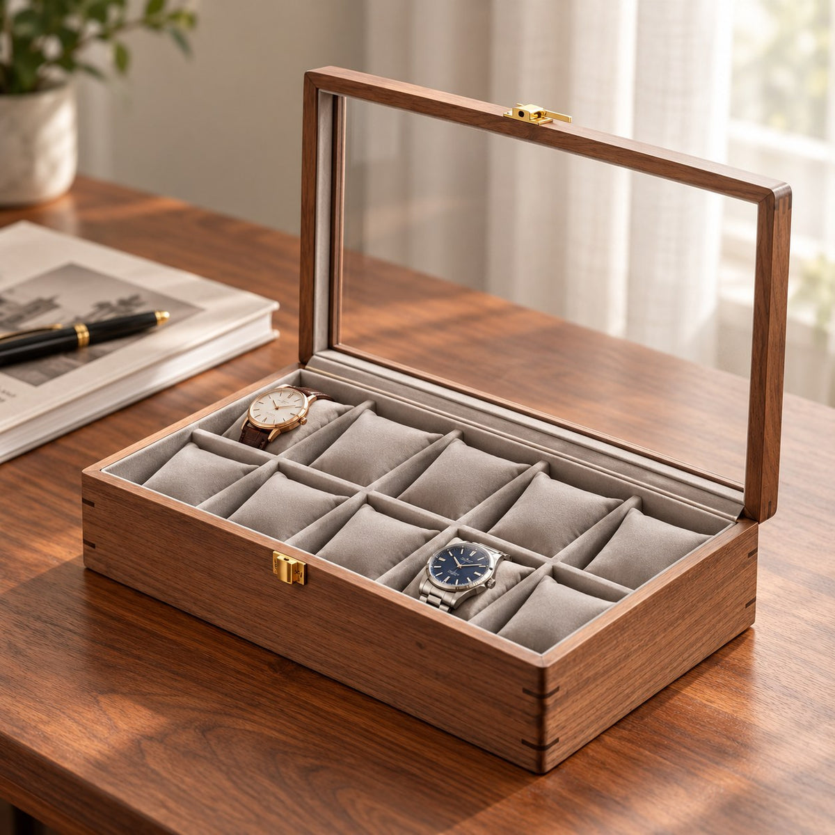 Horae Walnut Watch Box in 10-Slots / Soft Pillow, on a desk #Style_10-Slots / Soft Pillow