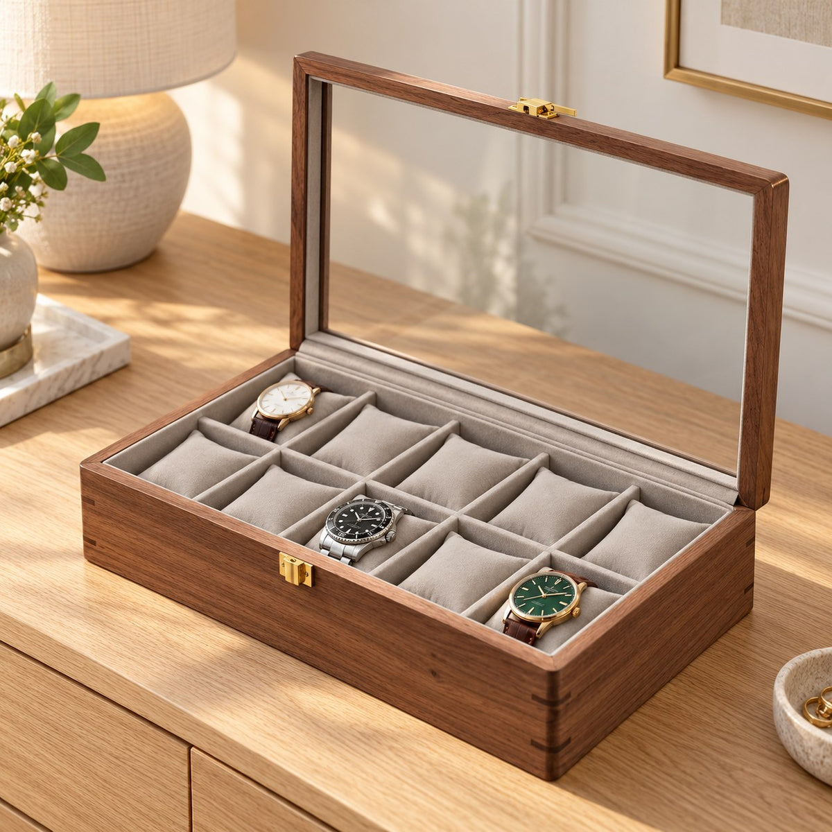 Horae Walnut Watch Box in 10-Slots / Soft Pillow, on a bedroom dresser #Style_10-Slots / Soft Pillow