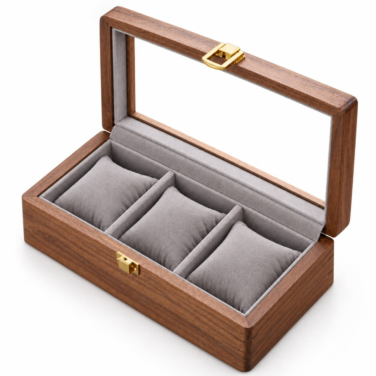 Horae Walnut Watch Box in 3-Slots / Soft Pillow, open with empty compartments, studio view on white #Style_3-Slots / Soft Pillow