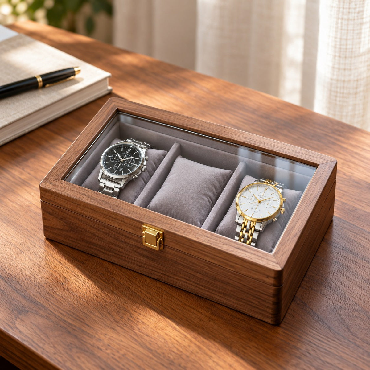 Horae Walnut Watch Box in 3-Slots / Soft Pillow, on a desk #Style_3-Slots / Soft Pillow