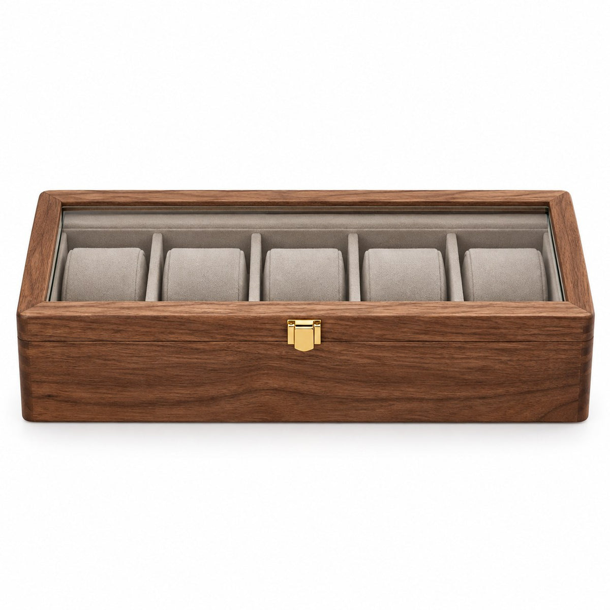 Horae Walnut Watch Box in 5-Slots / Firm Pillow, closed, studio view on white #Style_5-Slots / Firm Pillow