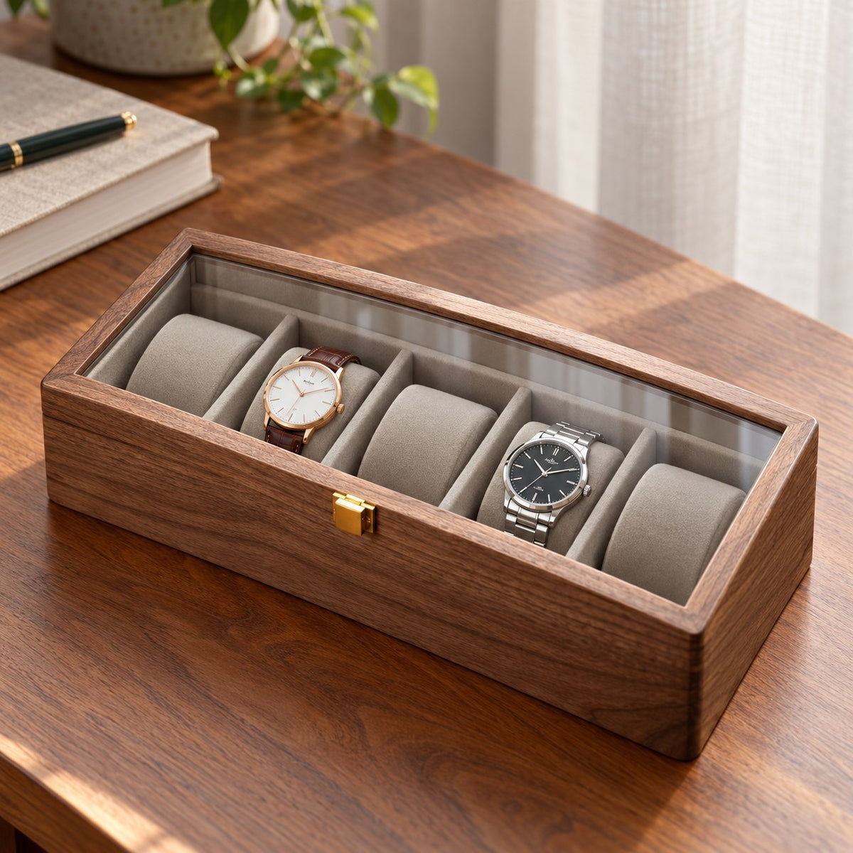 Horae Walnut Watch Box in 5-Slots / Firm Pillow, on a desk #Style_5-Slots / Firm Pillow