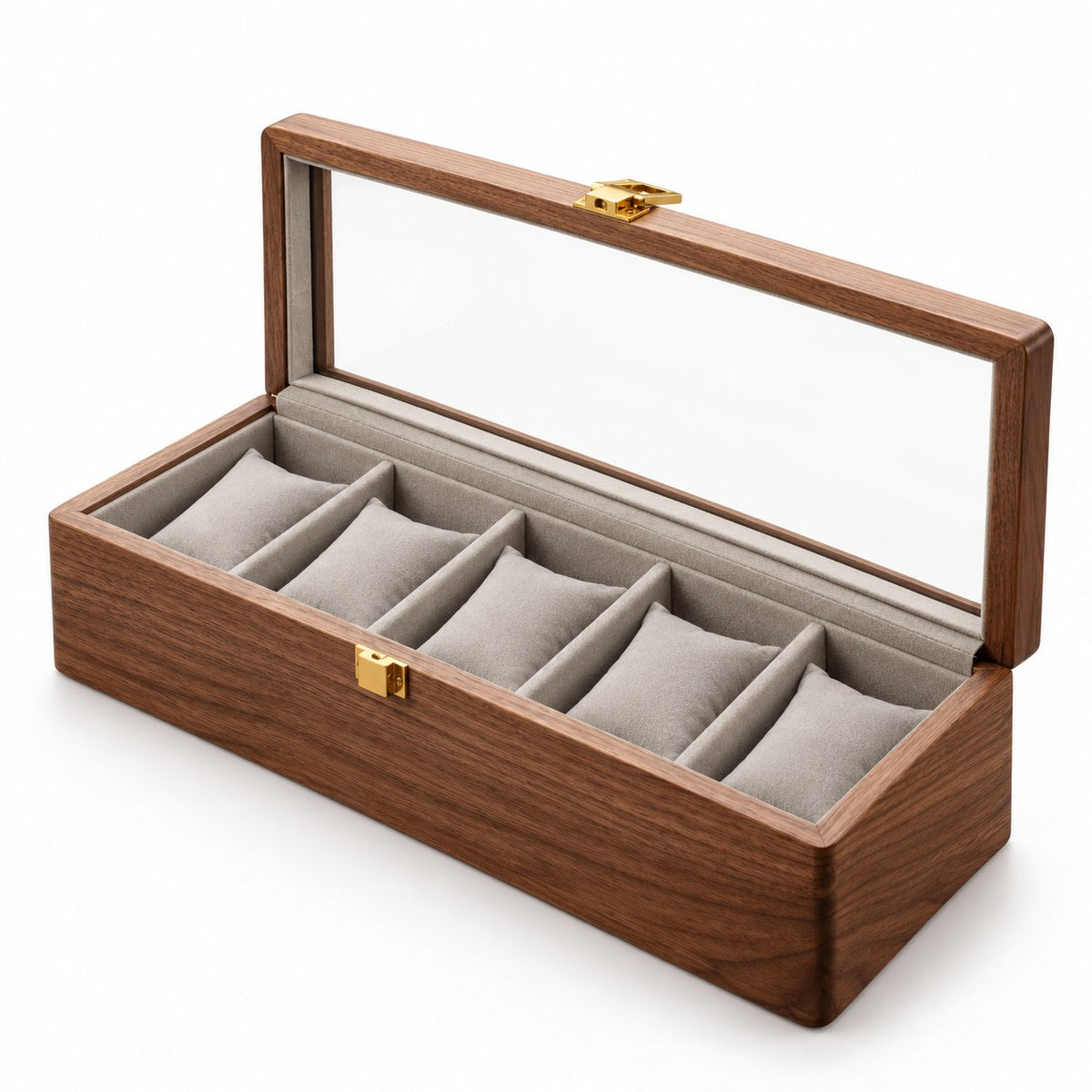 Horae Walnut Watch Box in 5-Slots / Soft Pillow, open with empty compartments, studio view on white #Style_5-Slots / Soft Pillow