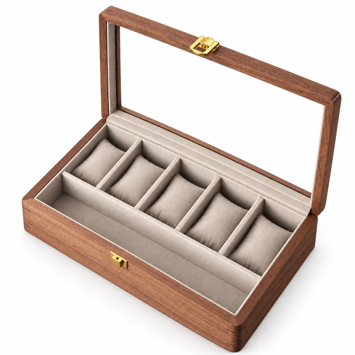 Horae Walnut Watch Box in 7-Slots / Soft Pillow, open with empty compartments, studio view on white #Style_7-Slots / Soft Pillow