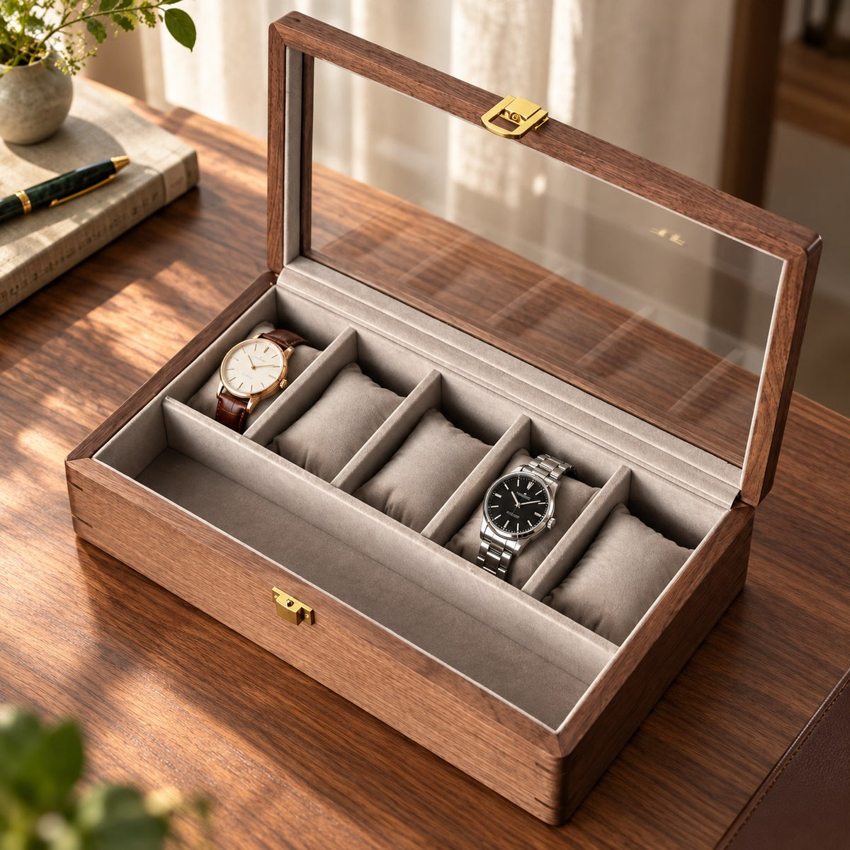 Horae Walnut Watch Box in 7-Slots / Soft Pillow, on a desk #Style_7-Slots / Soft Pillow