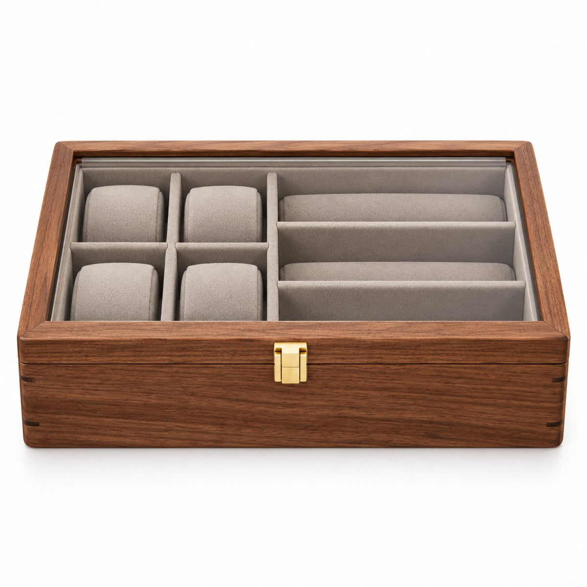 Horae Walnut Watch Box in With Glasses / Firm Pillow, closed, studio view on white #Style_With Glasses / Firm Pillow