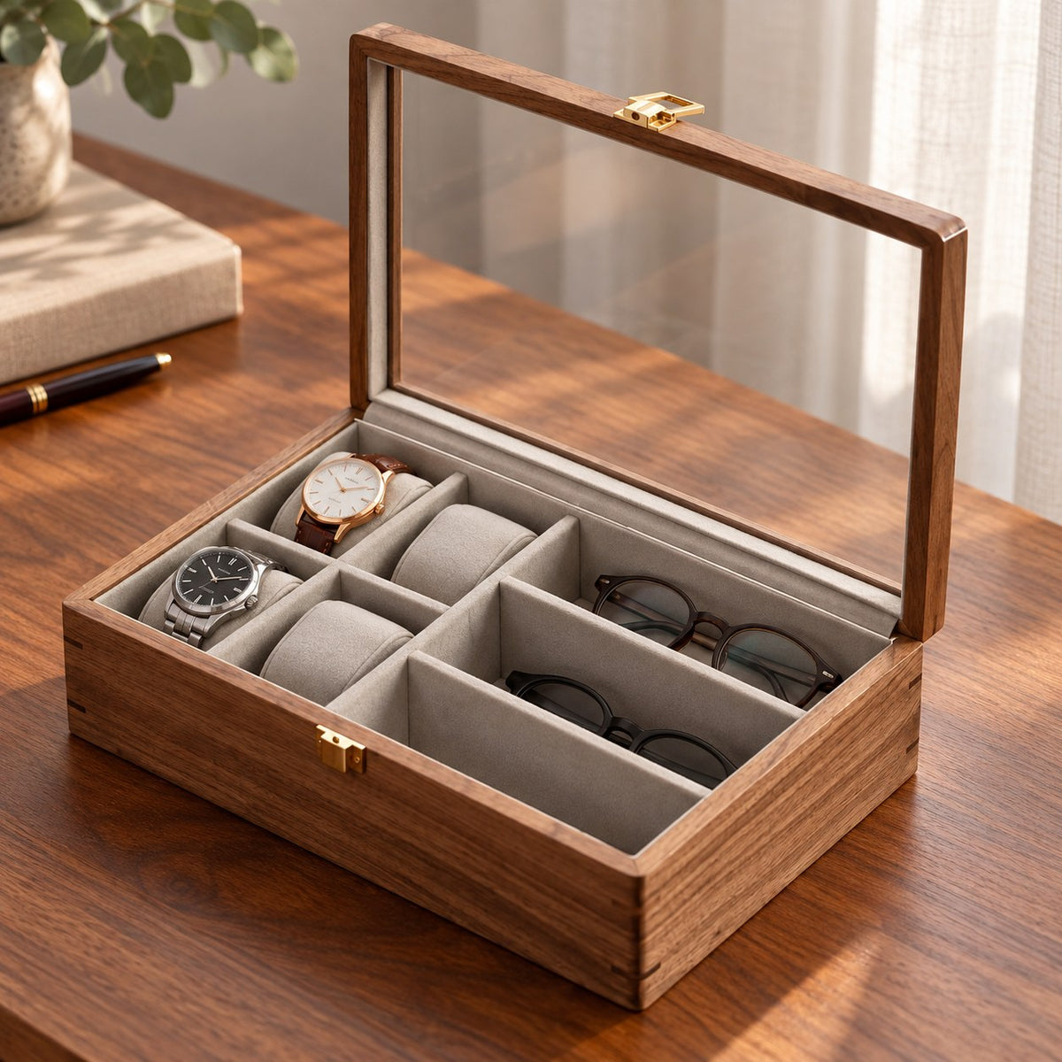 Horae Walnut Watch Box in With Glasses / Firm Pillow, on a desk #Style_With Glasses / Firm Pillow