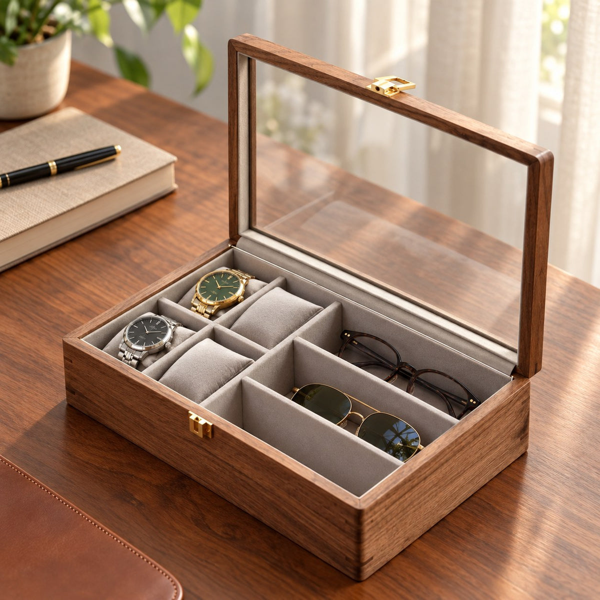 Horae Walnut Watch Box in With Glasses / Soft Pillow, on a desk #Style_With Glasses / Soft Pillow