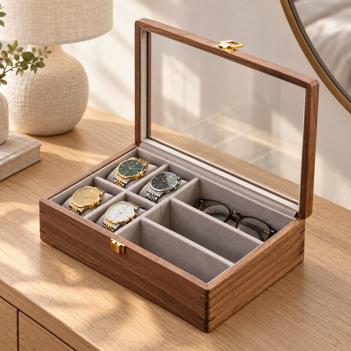 Horae Walnut Watch Box in With Glasses / Soft Pillow, on a bedroom dresser #Style_With Glasses / Soft Pillow