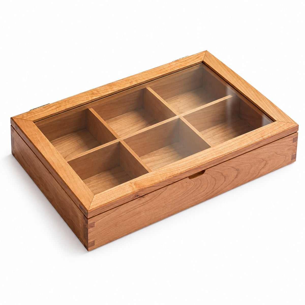 Hyalina Glass Jewellery Box in Cherry / 6-Slot, closed, studio view on white #Wood_Cherry|Size_6-Slot
