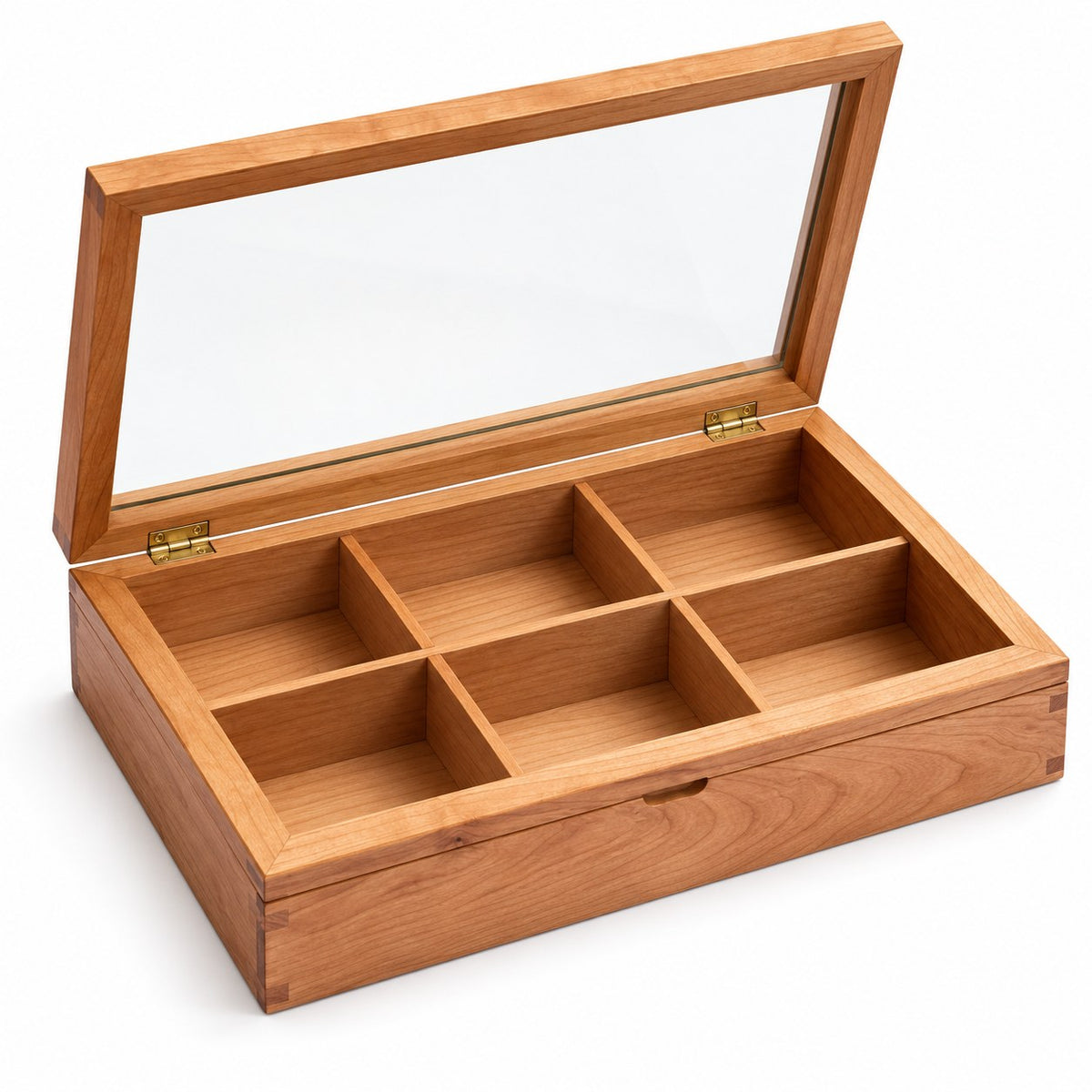 Hyalina Glass Jewellery Box in Cherry / 6-Slot, open with empty compartments, studio view on white #Wood_Cherry|Size_6-Slot