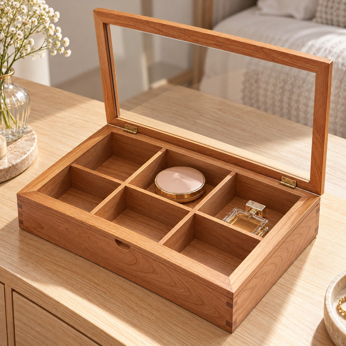 Hyalina Glass Jewellery Box in Cherry / 6-Slot, on a dressing table #Wood_Cherry|Size_6-Slot