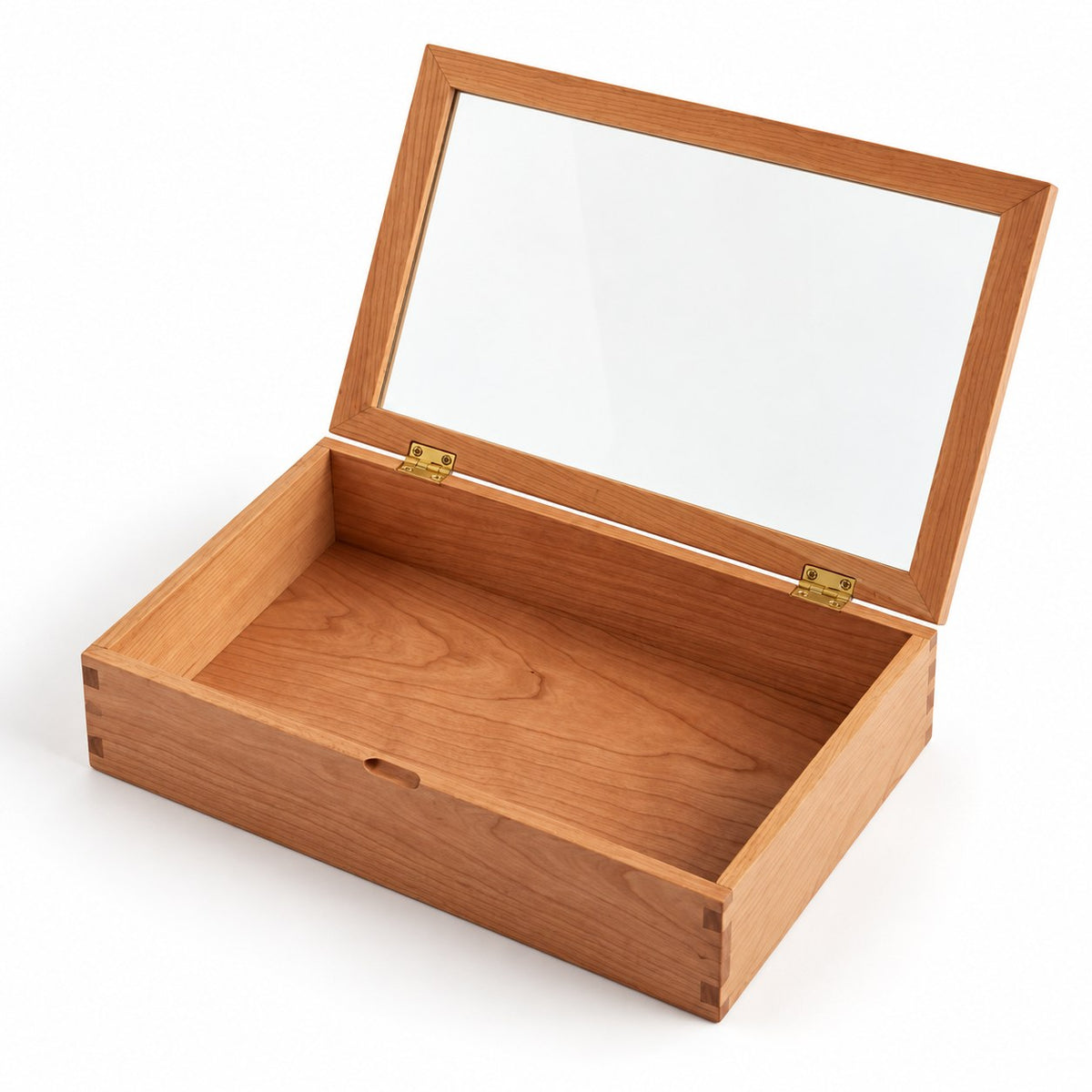 Hyalina Glass Jewellery Box in Cherry / Large, open with empty compartments, studio view on white #Wood_Cherry|Size_Large