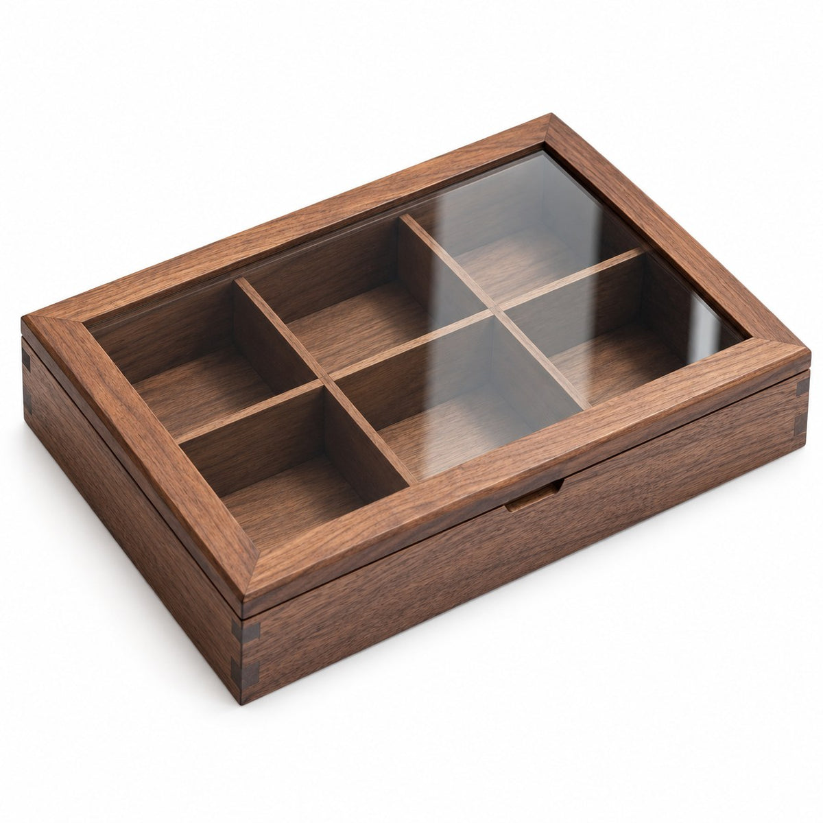 Hyalina Glass Jewellery Box in Walnut / 6-Slot, closed, studio view on white #Wood_Walnut|Size_6-Slot