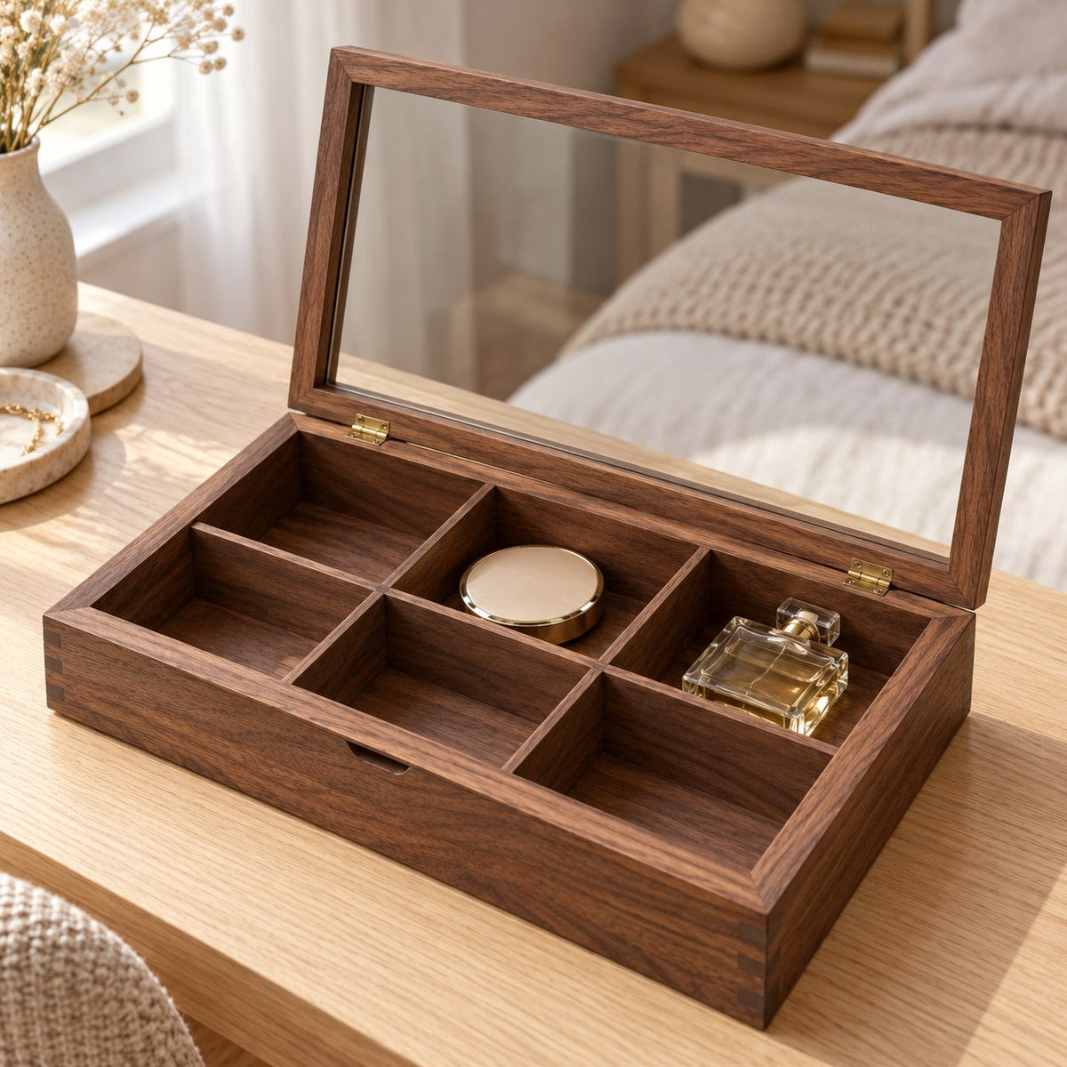Hyalina Glass Jewellery Box in Walnut / 6-Slot, on a dressing table #Wood_Walnut|Size_6-Slot
