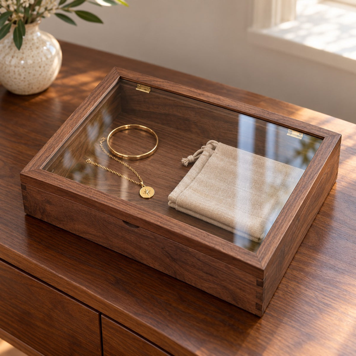 Hyalina Glass Jewellery Box in Walnut / Extra Large, on a sideboard in natural light #Wood_Walnut|Size_Extra Large