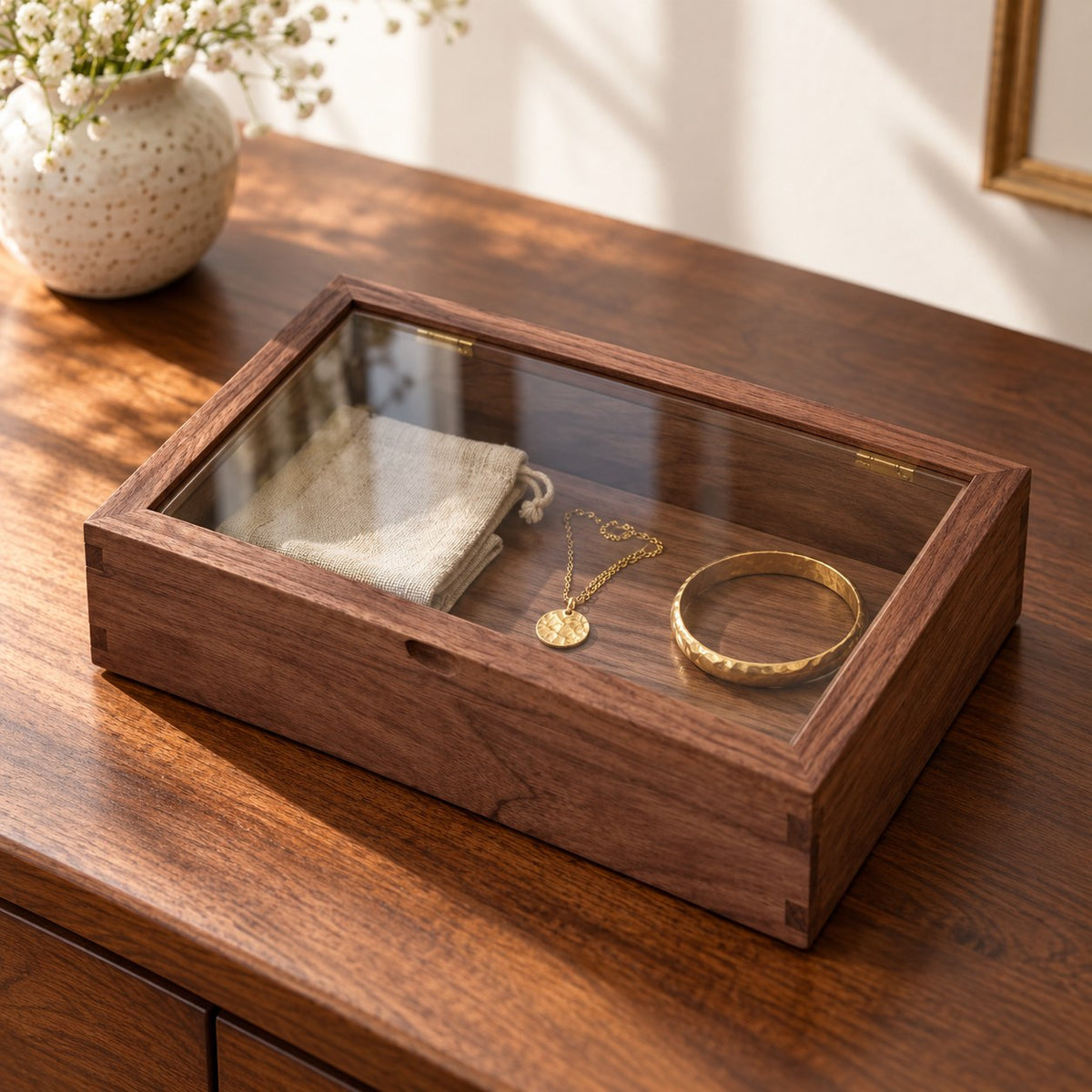 Hyalina Glass Jewellery Box in Walnut / Large, on a sideboard in natural light #Wood_Walnut|Size_Large