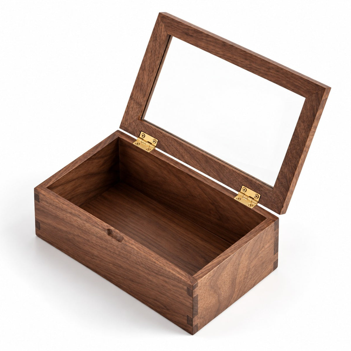 Hyalina Glass Jewellery Box in Walnut / Small, open with empty compartments, studio view on white #Wood_Walnut|Size_Small