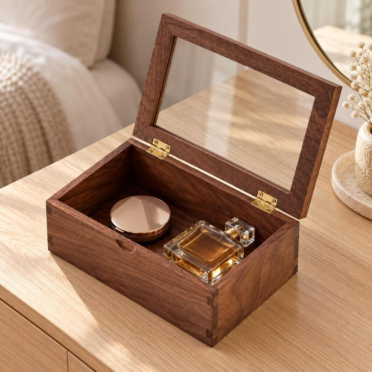 Hyalina Glass Jewellery Box in Walnut / Small, on a dressing table #Wood_Walnut|Size_Small