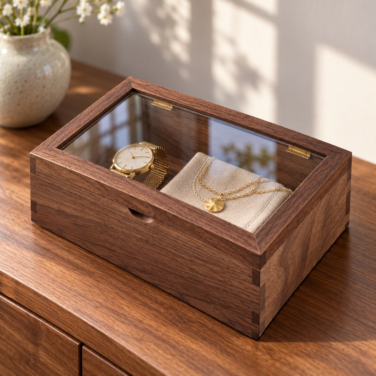 Hyalina Glass Jewellery Box in Walnut / Small, on a sideboard in natural light #Wood_Walnut|Size_Small