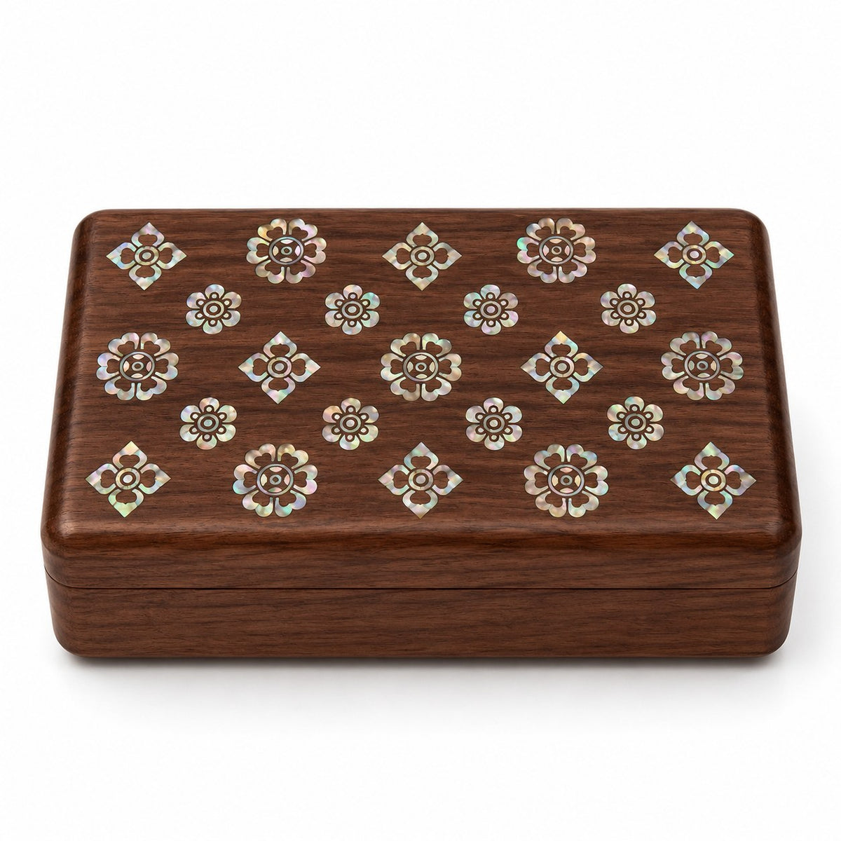 Iridia Mother-of-Pearl Jewellery Box in Bloom, closed, studio view on white #Style_Bloom