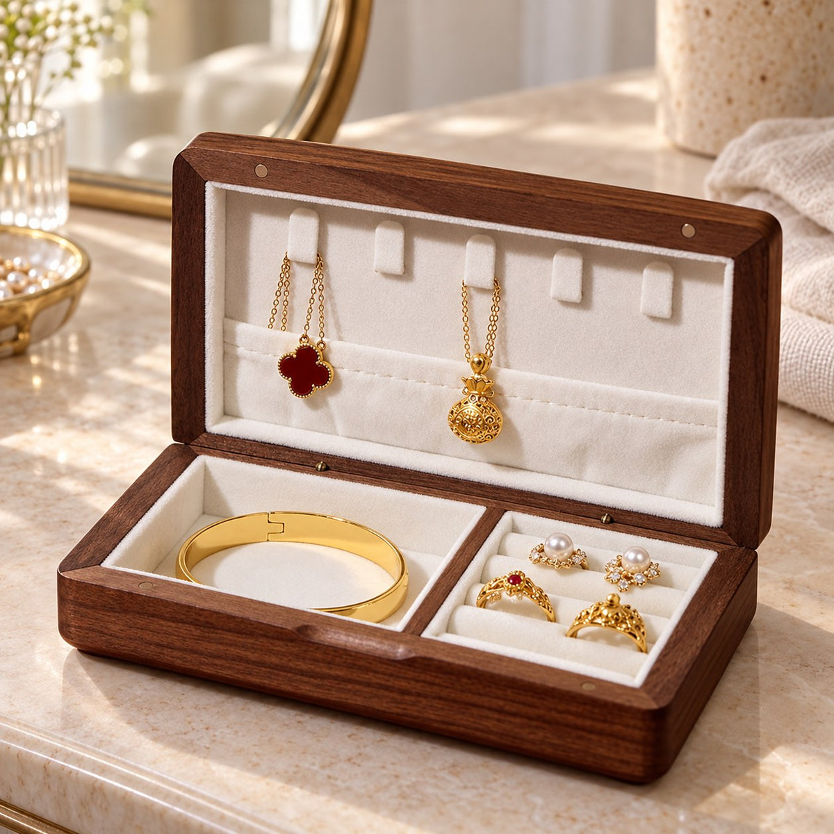 Iridia Mother-of-Pearl Jewellery Box in Bloom, on a dressing table #Style_Bloom