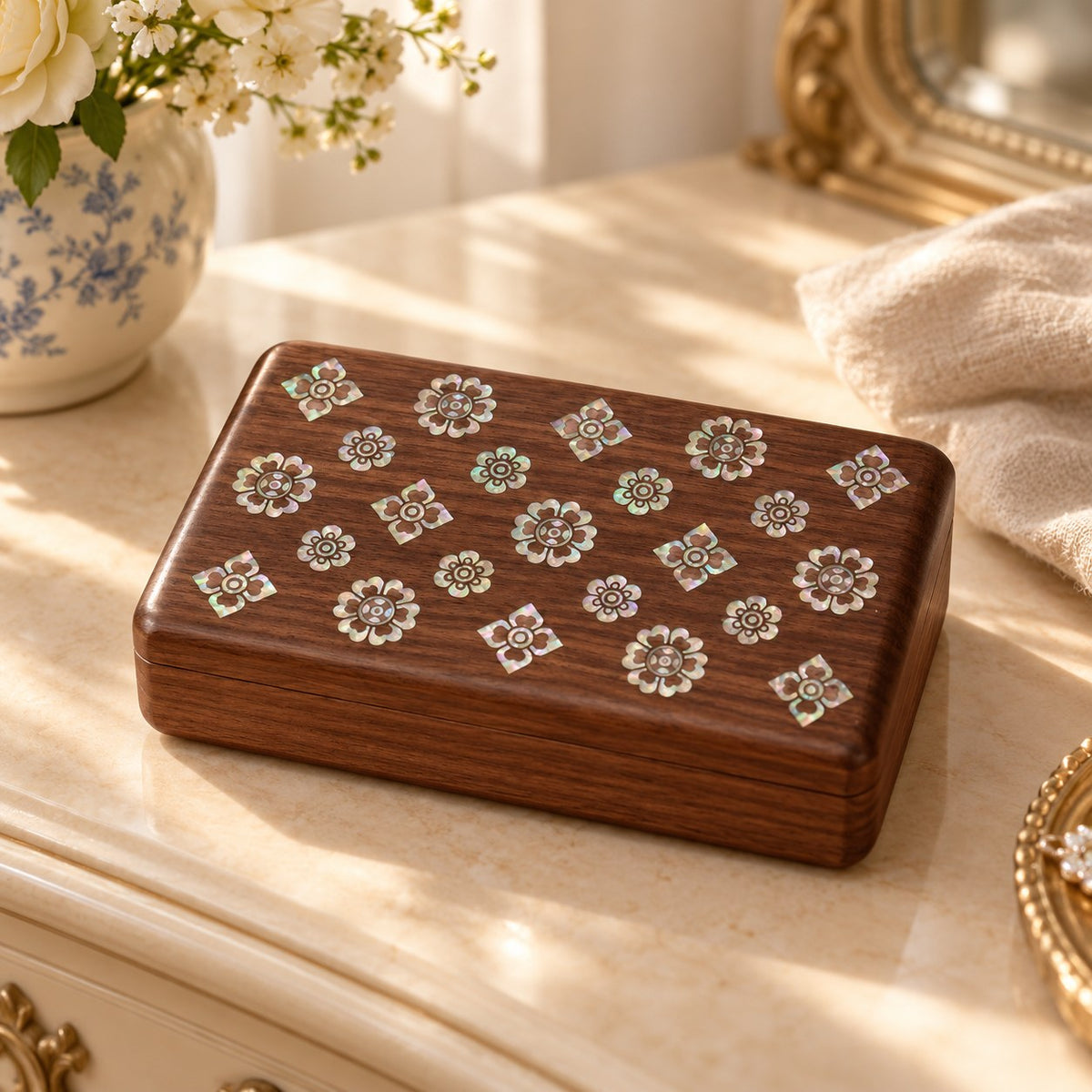 Iridia Mother-of-Pearl Jewellery Box in Bloom, on a sideboard in natural light #Style_Bloom