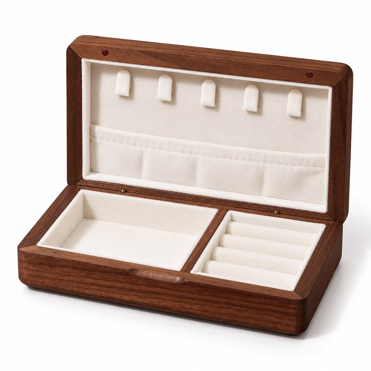 Iridia Mother-of-Pearl Jewellery Box in Brocade, open with empty compartments, studio view on white #Style_Brocade