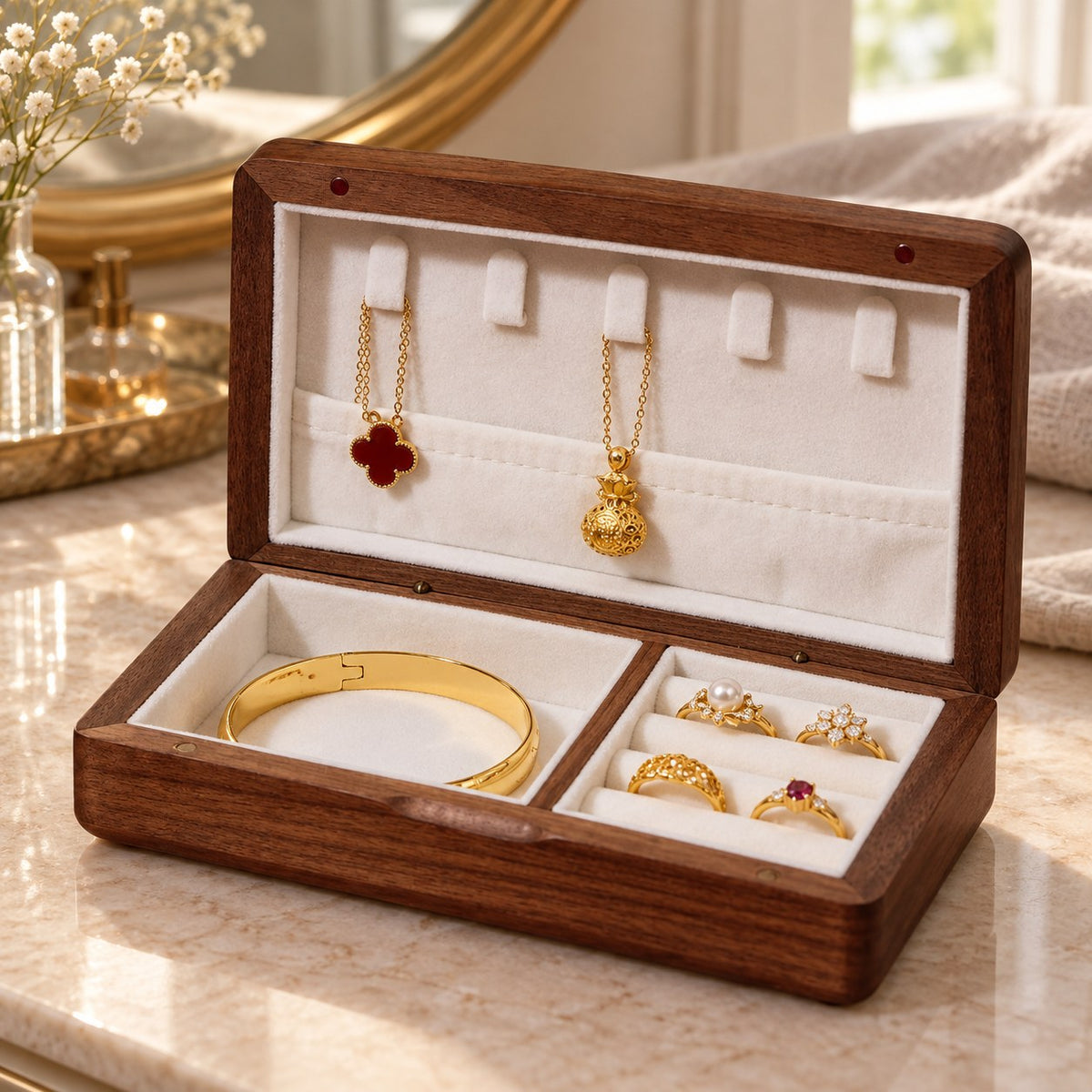 Iridia Mother-of-Pearl Jewellery Box in Galaxy, on a dressing table #Style_Galaxy