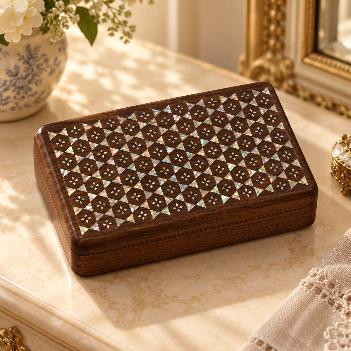 Iridia Mother-of-Pearl Jewellery Box in Galaxy, on a sideboard in natural light #Style_Galaxy