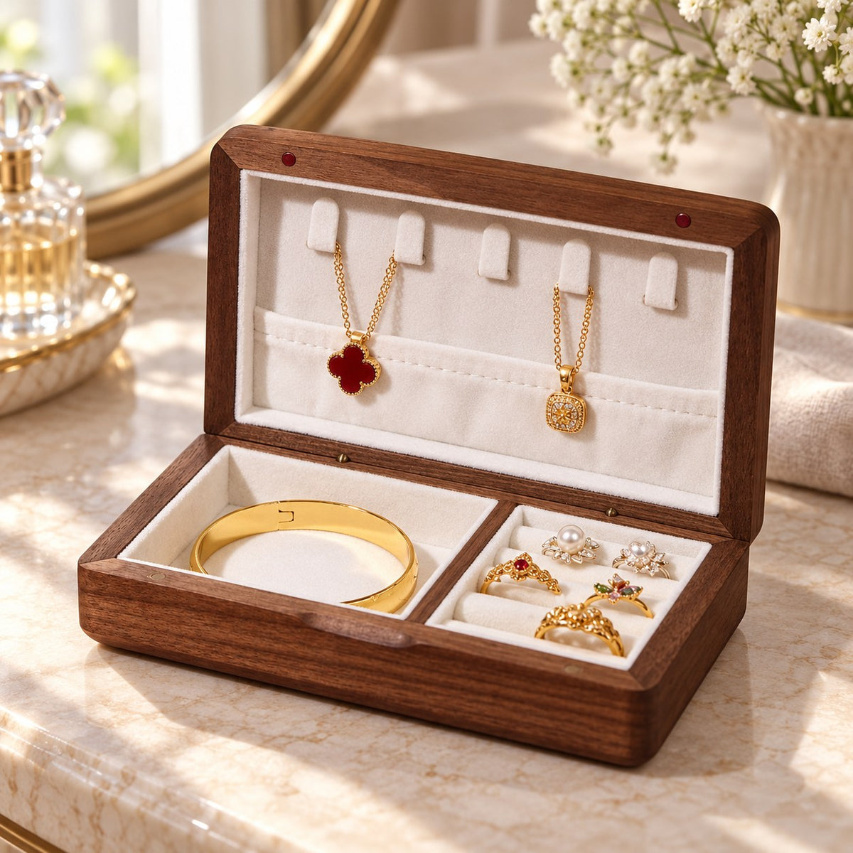 Iridia Mother-of-Pearl Jewellery Box in Ruyi, on a dressing table #Style_Ruyi